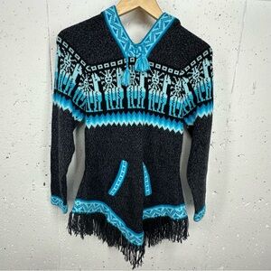 Ecologic Arts Size Large Gray & Turquoise Peruvian Alpaca Hooded Sweater